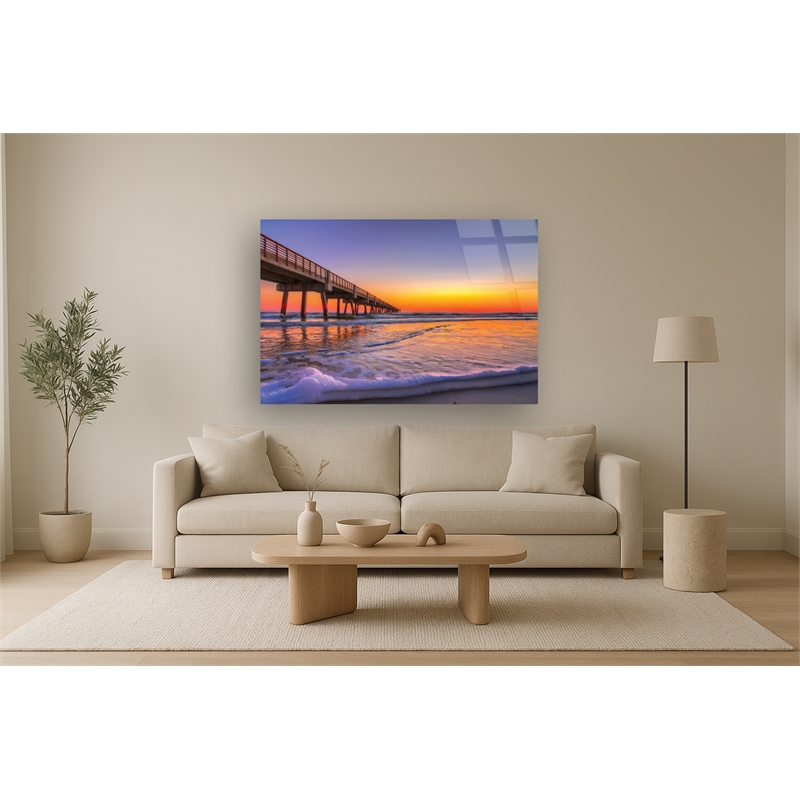 Maklaine Jacksonville Beach Pier Tempered Glass Art in Multicolor