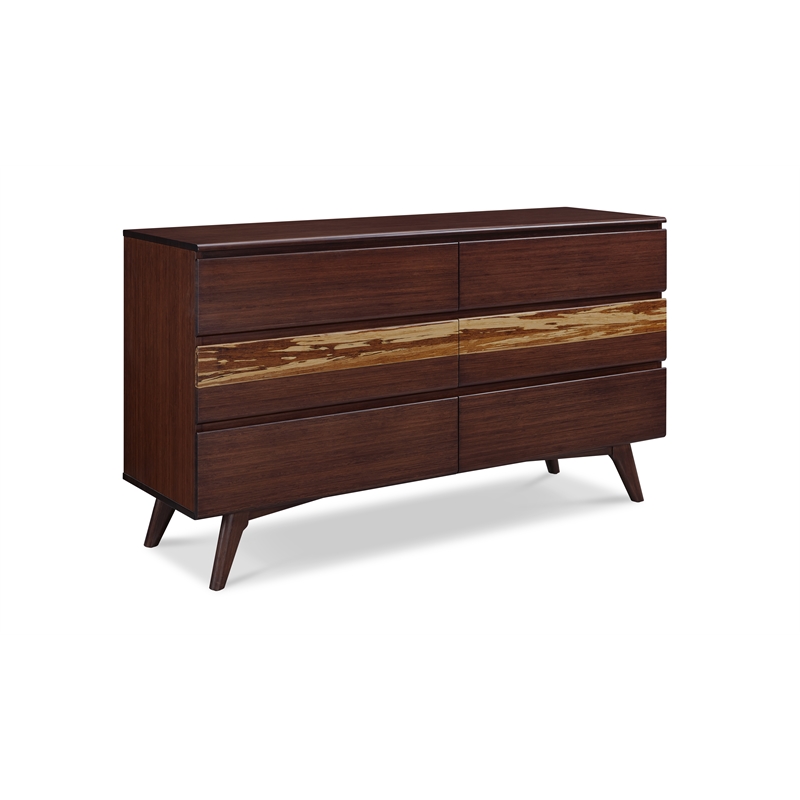 Maklaine 6 Drawer Bamboo Double Dresser with Tiger Accents in Burgundy