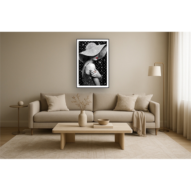 Maklaine Glamorous Woman with Headwear Glitter Canvas Art in Black Frame