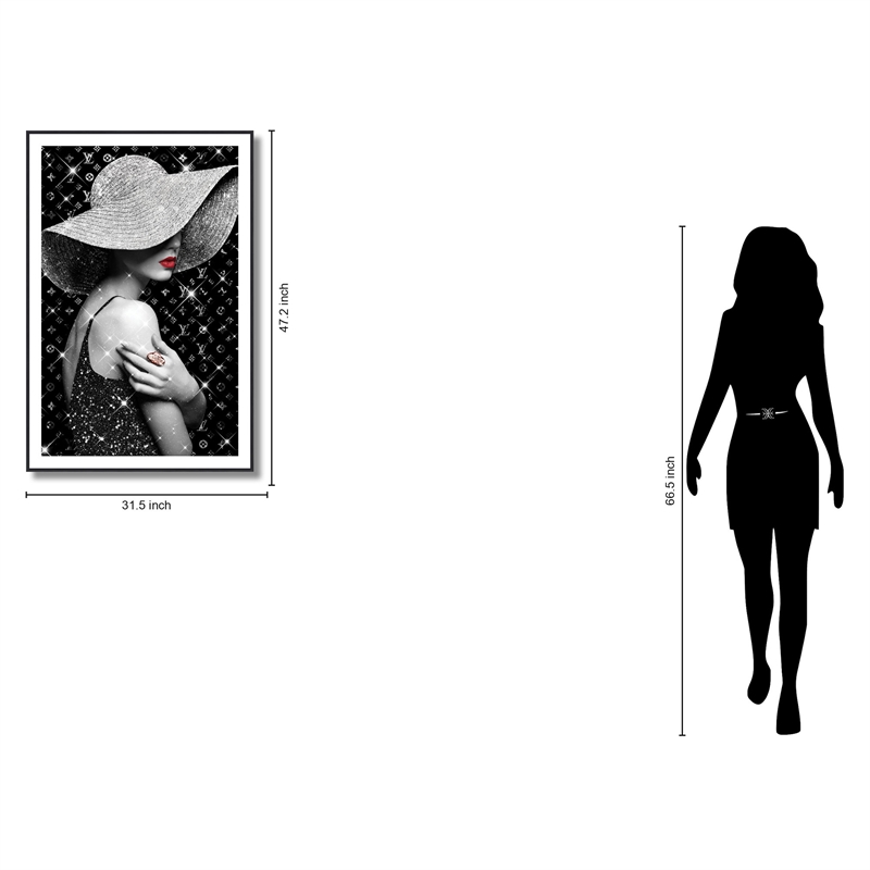 Maklaine Glamorous Woman with Headwear Glitter Canvas Art in Black Frame