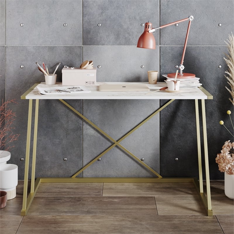 Maklaine 120 cm Wide White/Gold Glam Study Desk with Metal Legs