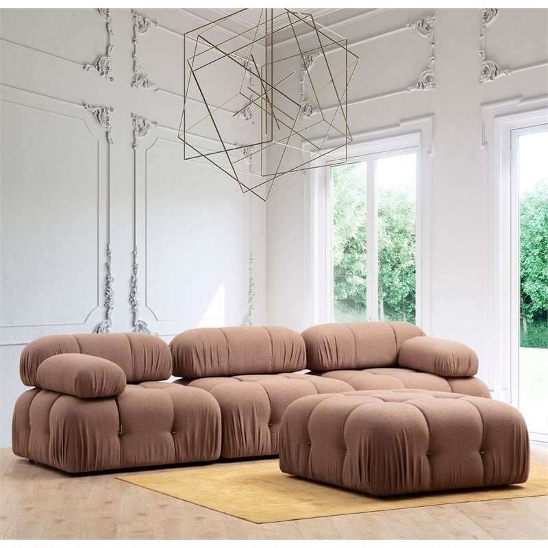 Maklaine Brown Bouclette 1-Seat Sofa with Feather Cushion on Black Legs