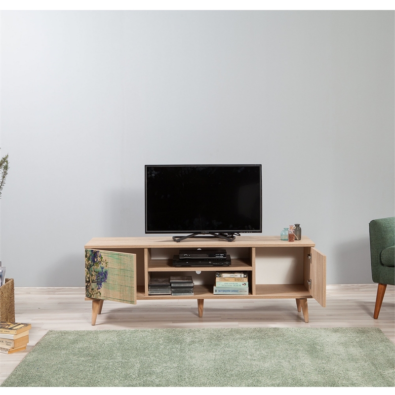 Maklaine Sonoma Oak UV Coated TV Stand with Shelves on Hornbeam Legs
