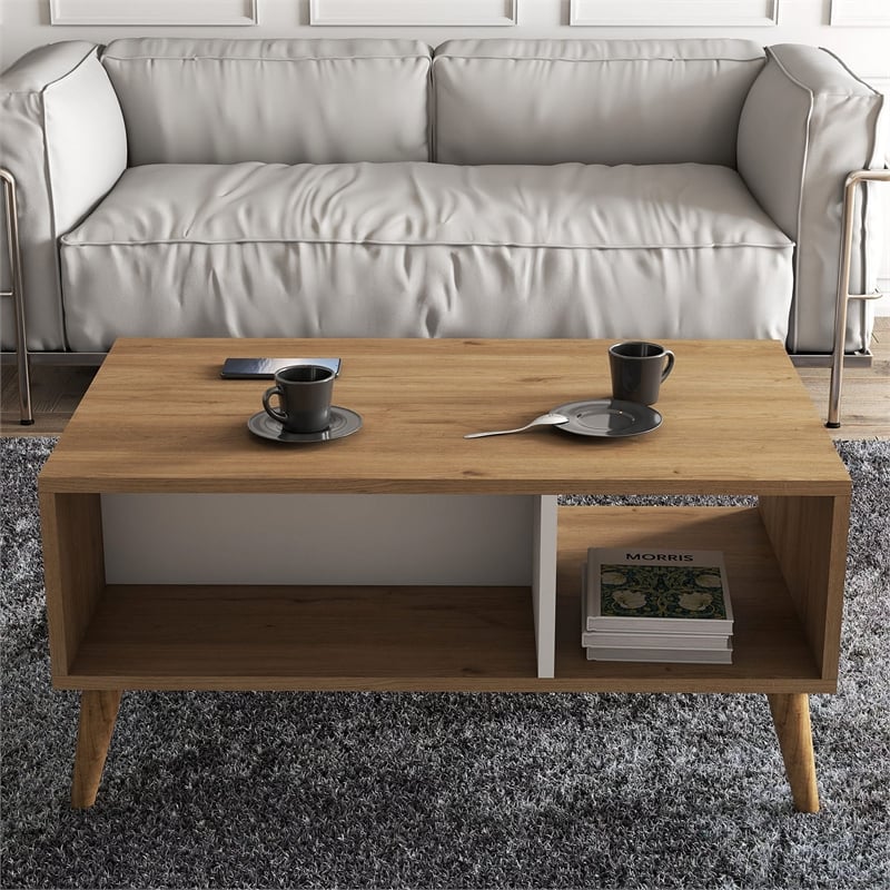Maklaine Oak White 2-Tier Coffee Table with Shelves and Wooden Legs