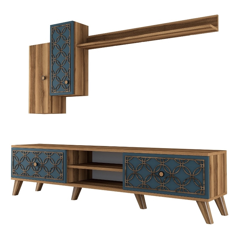 Maklaine 180 cm W Walnut/Chalcedony TV Unit with Wall Shelf and Cabinets