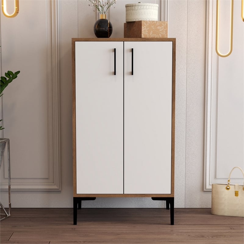 Maklaine Walnut/White Handled Shoe Cabinet with Shelves on Metal Legs