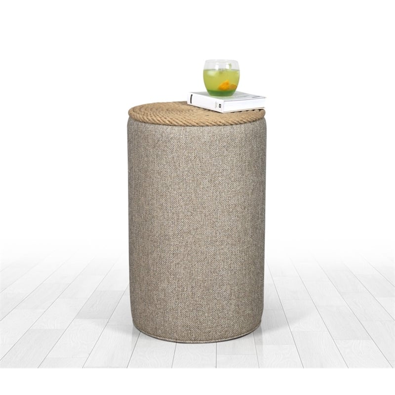 Maklaine Beige Jute Rope Cylindrical Pouffe with Cotton Linen Cushion