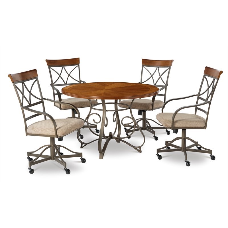 Kingfisher Lane 5PC Wood/Steel Swivel Rolling Dining Set in Matte Pewter/Bronze