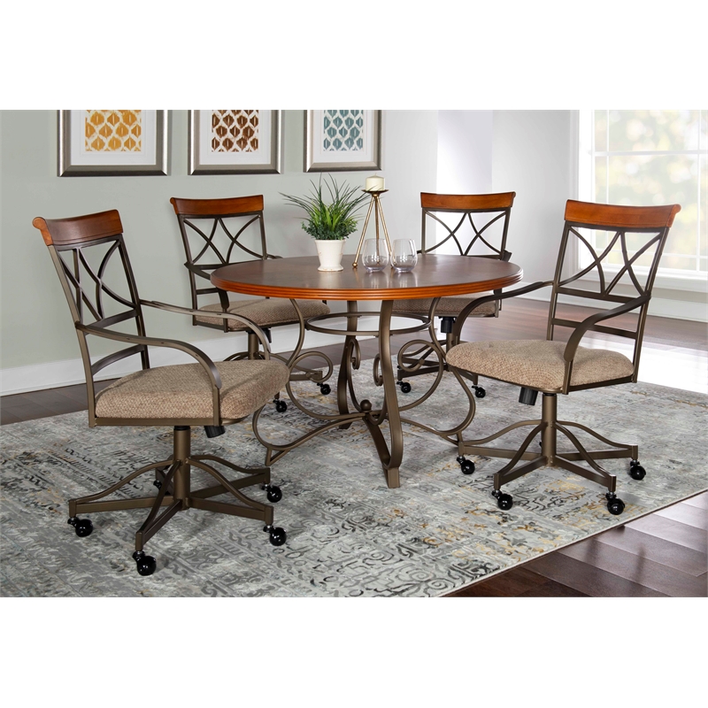 Kingfisher Lane 5PC Wood/Steel Swivel Rolling Dining Set in Matte Pewter/Bronze
