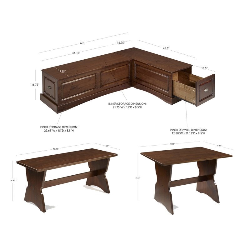 Kingfisher Lane Wood Backless 3 Piece Dining Nook with Storage in Brown