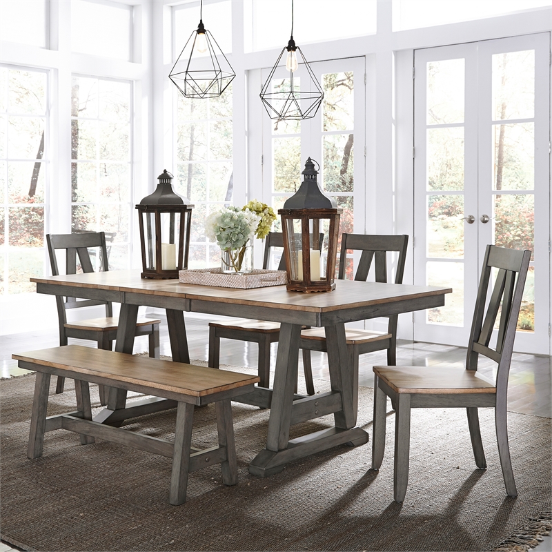 Kingfisher Lane Modern Farm Light Gray 6 Piece Trestle Table Set