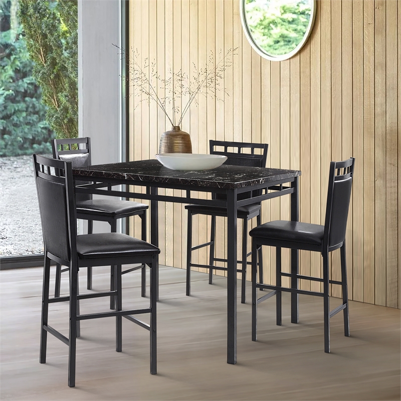 Kingfisher Lane 5 Piece Faux Marble Top Counter Height Dining Set in Black