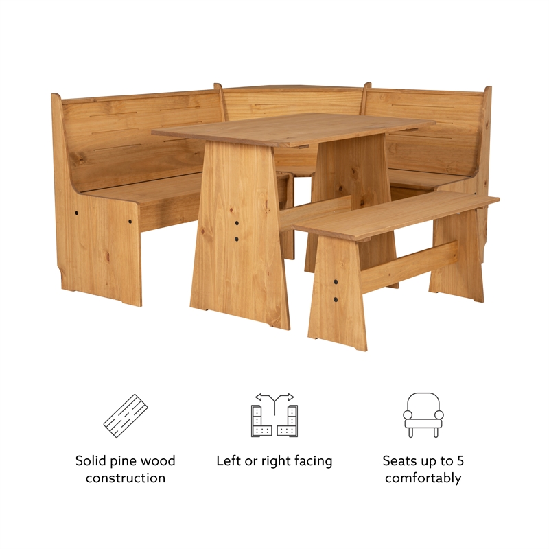 Kingfisher Lane Modern Pine Wood Corner Dining Nook Set in Natural