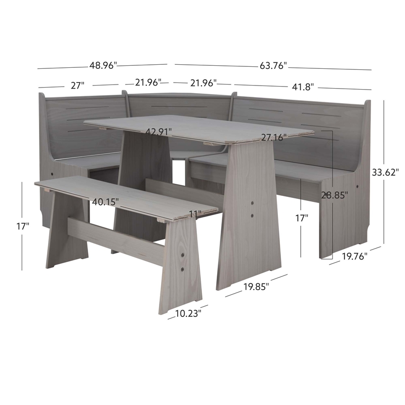 Kingfisher Lane Modern Pine Wood Corner Dining Nook Set in Gray