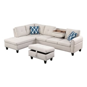 Kingfisher Lane Polyester Fabric Sectional Sofa with Ottoman-Beige