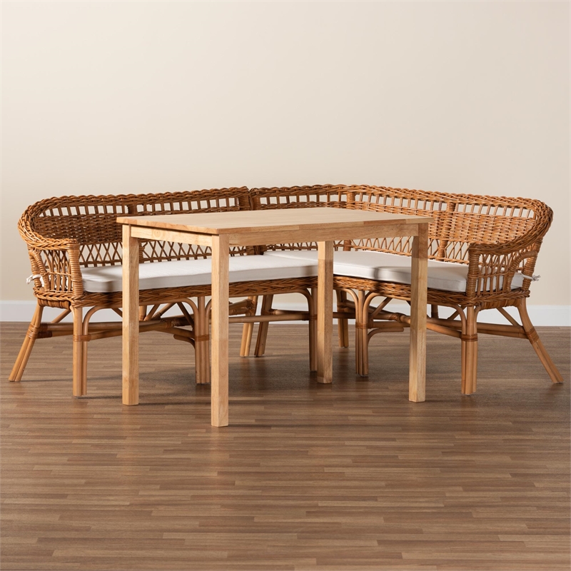 Kingfisher Lane 3-Piece Wood & Rattan Dining Nook Set in Brown