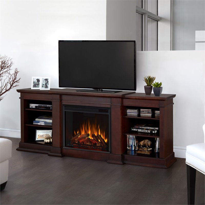 Kingfisher Lane Modern TV Stand Electric Fireplace in Dark Walnut