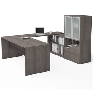 Kingfisher Lane U Shape Computer Desk with Hutch in Bark Gray