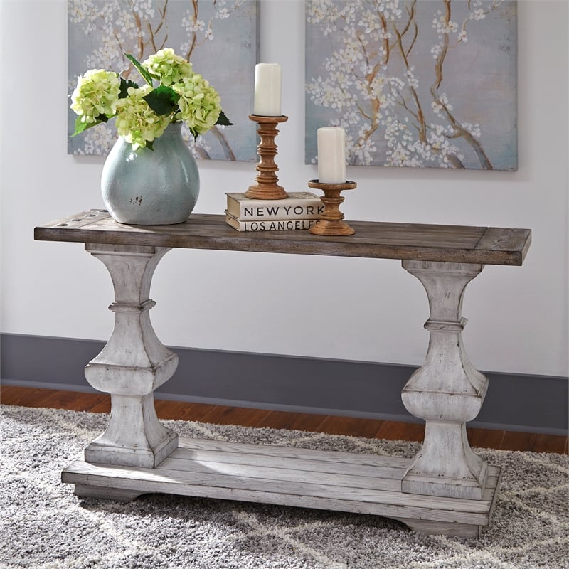 Kingfisher Lane Contemporary Sofa Table with Bottom Shelf in Distressed White