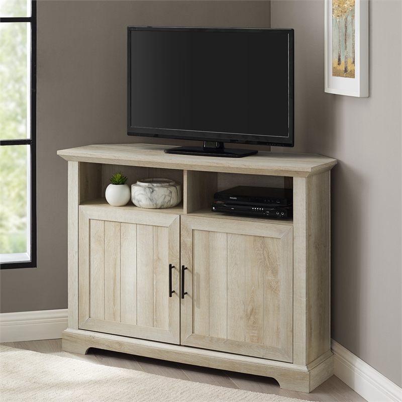 Kingfisher Lane Grooved Wood Door Corner TV Console in White Oak