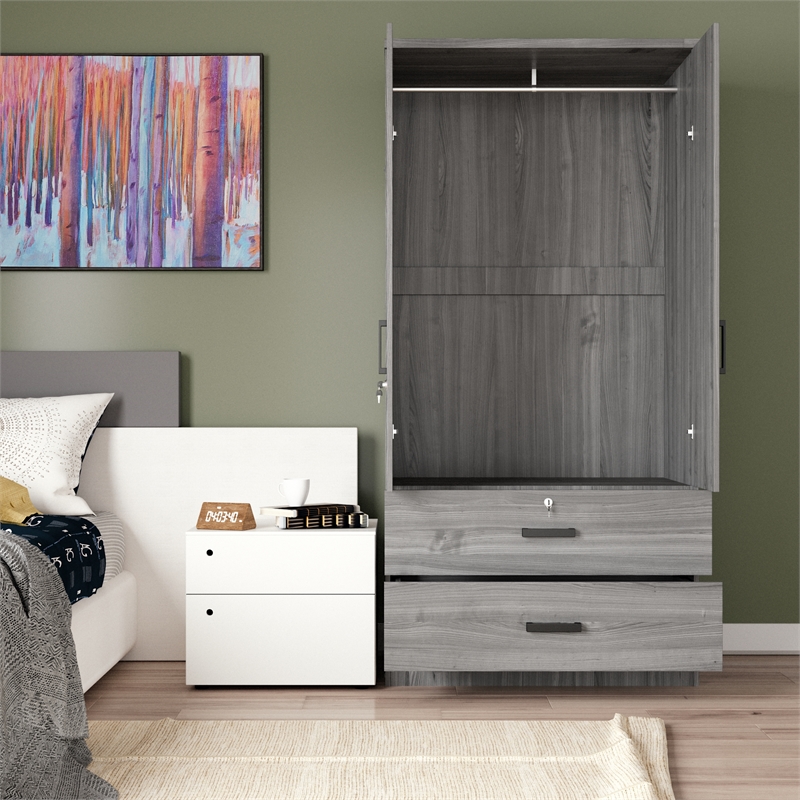 Kingfisher Lane Wood 2-Door Wardrobe Armoire with 2-Drawers in Gray