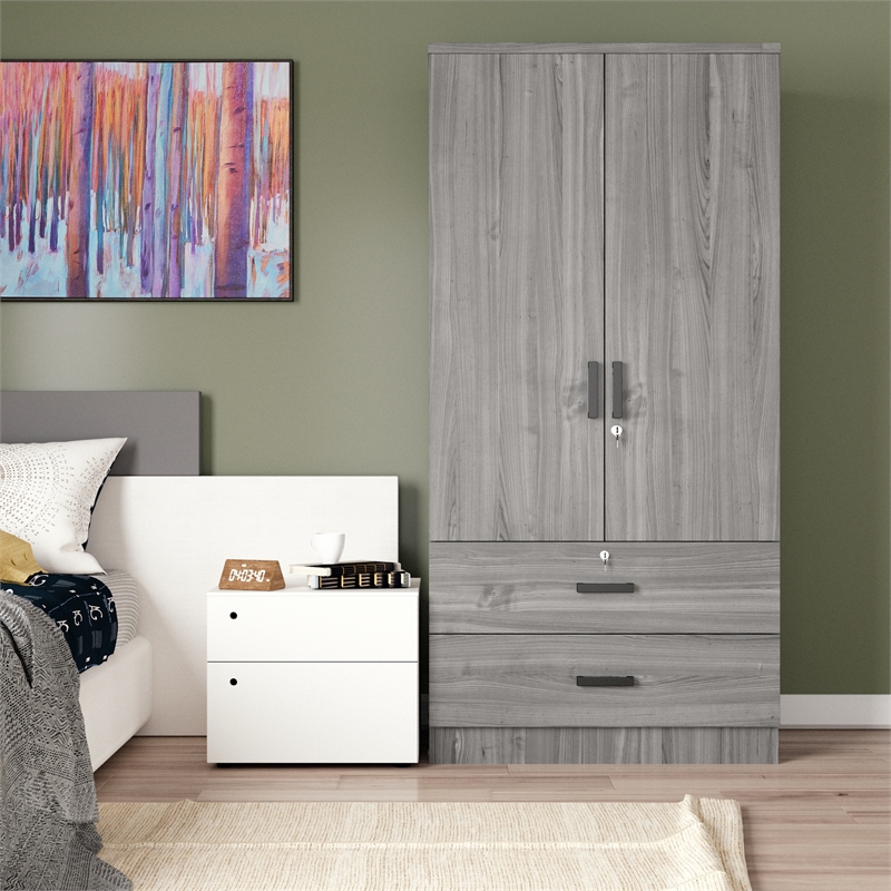 Kingfisher Lane Wood 2-Door Wardrobe Armoire with 2-Drawers in Gray