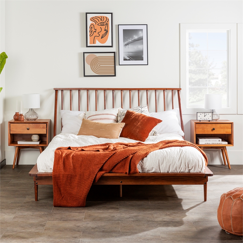 Kingfisher Lane Spindle Modern Solid Pine Wood Queen Bed Frame in Brown Finish