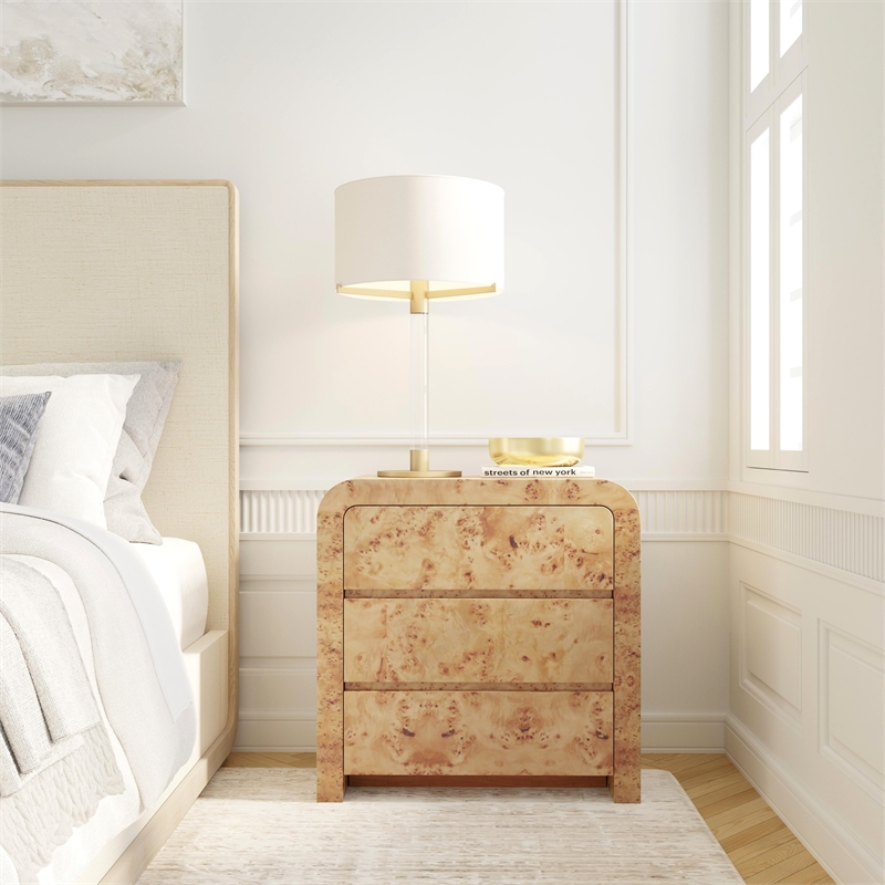 Kingfisher Lane 3-Drawer Mappa Burl Curved Chest in Light Brown