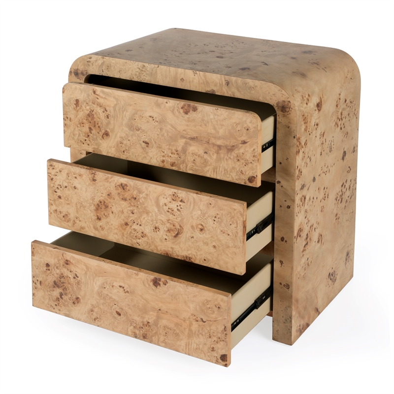 Kingfisher Lane 3-Drawer Mappa Burl Curved Chest in Light Brown