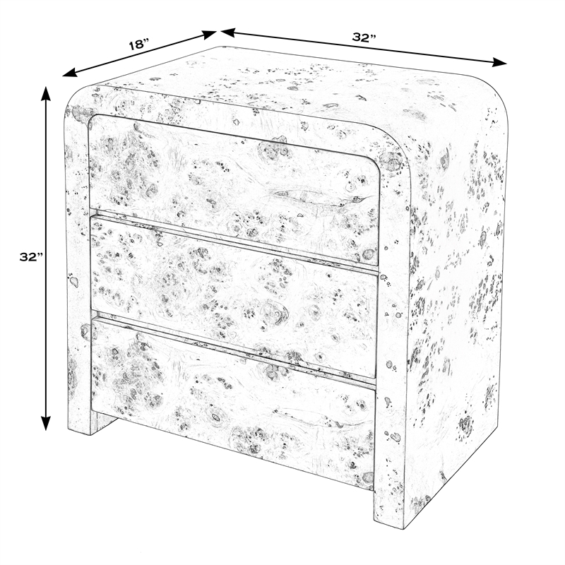 Kingfisher Lane 3-Drawer Mappa Burl Curved Chest in Light Brown