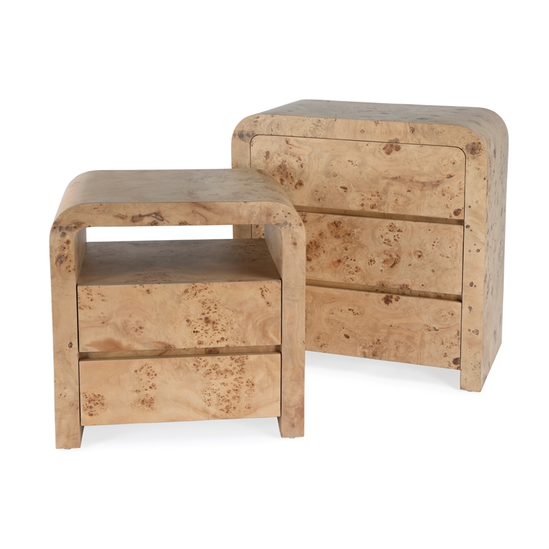 Kingfisher Lane 3-Drawer Mappa Burl Curved Chest in Light Brown