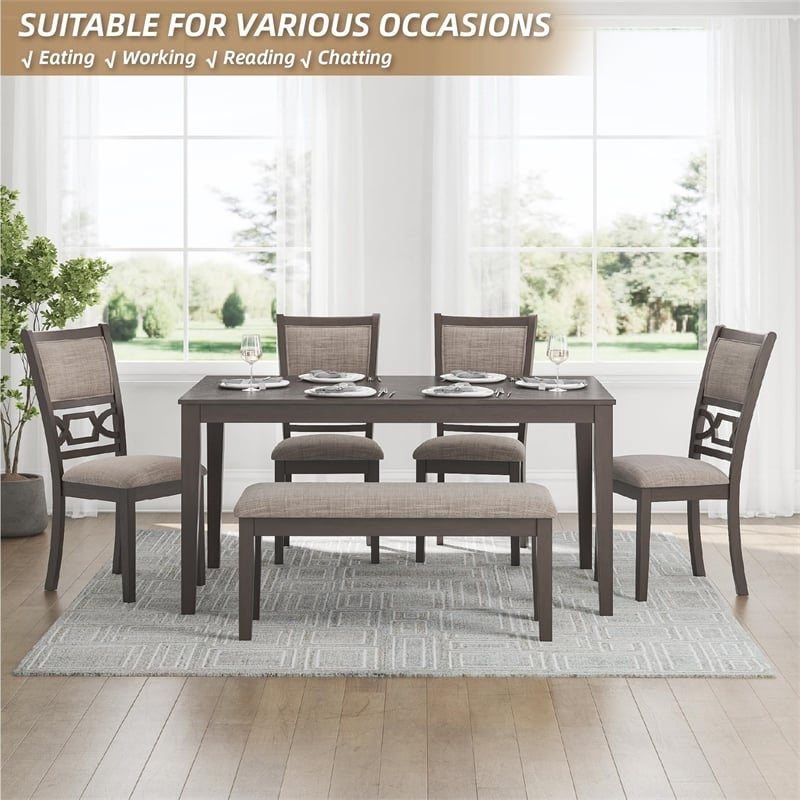 Kingfisher Lane 6-Piece Dining Set with Bench in Light Gray Upholstered