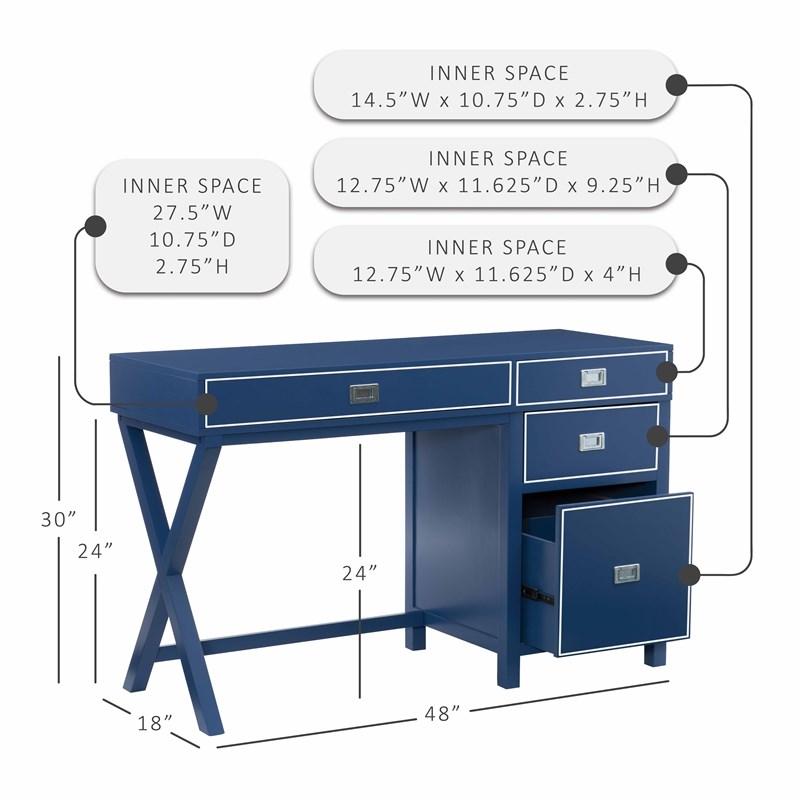 Laysan Home Wood Navy Blue Desk Rectangular Modern X-Frame Design 48