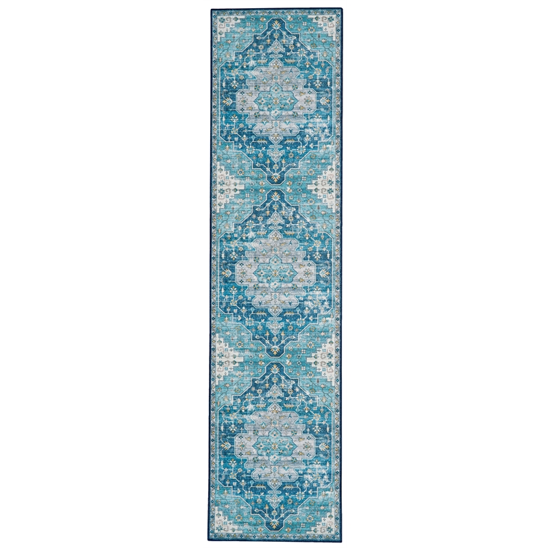 Laysan Home Transitional Washable Polyester 2'x8' Rug in Teal Blue and Ivory