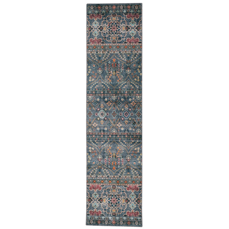 Laysan Home Transitional Washable Polyester 2'x8' Rug in Teal Blue and Ivory