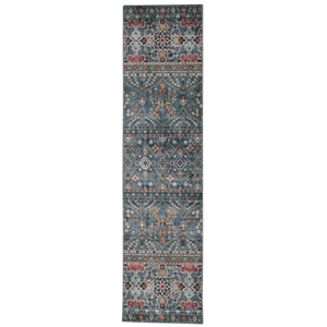 Laysan Home Transitional Washable Polyester 2'x8' Rug in Teal Blue and Ivory
