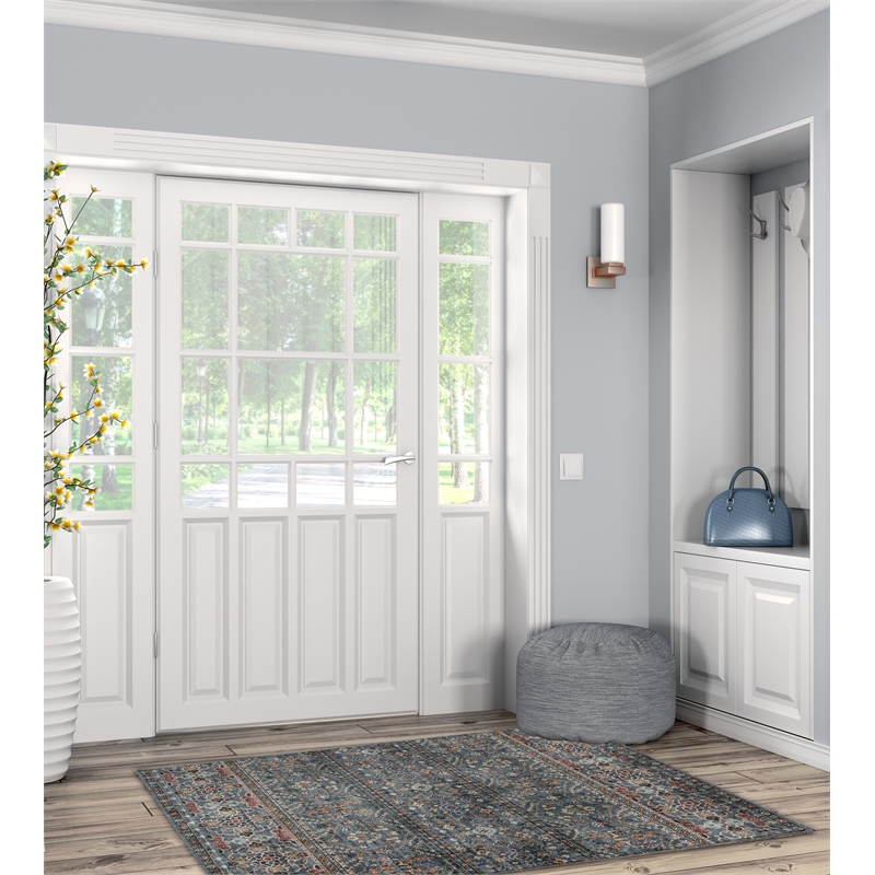 Laysan Home Transitional Washable Polyester 3'x5' Rug in Teal Blue and Ivory