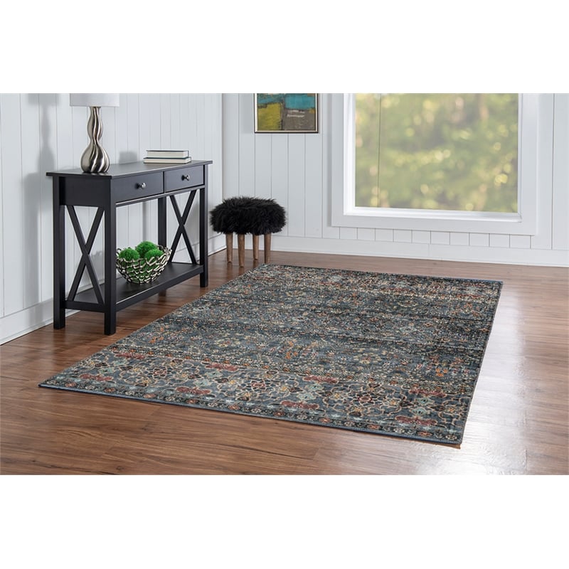 Laysan Home Transitional Washable Polyester 5'x7' Rug in Teal Blue and Ivory