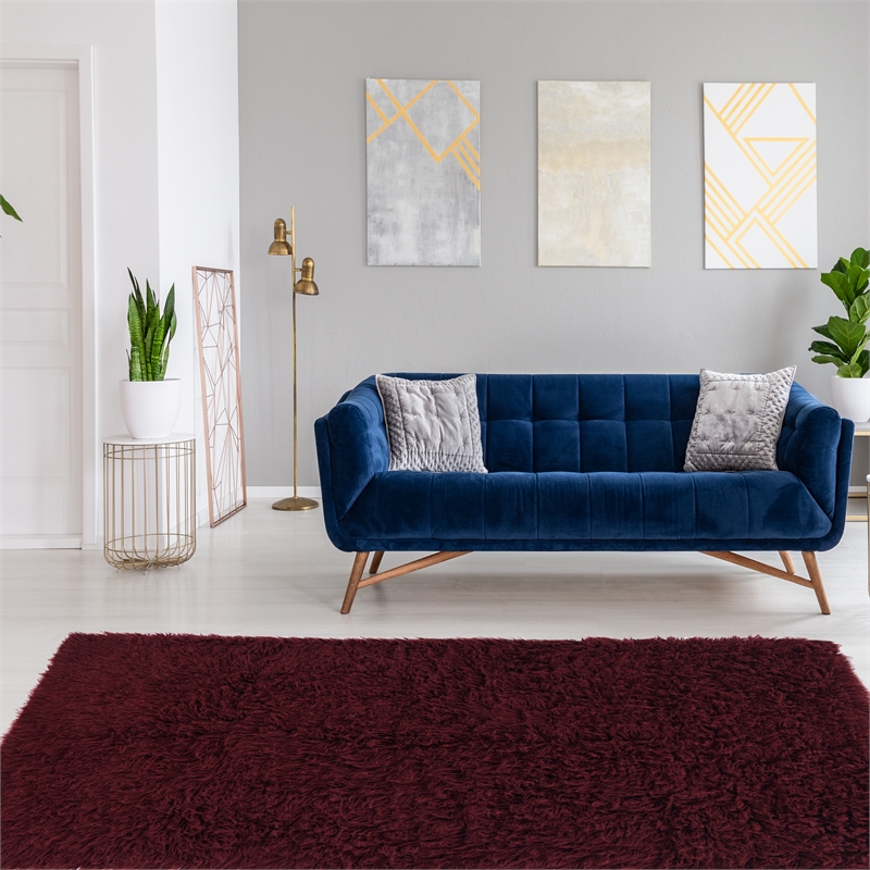 Laysan Home Transitional Flokati Hand Woven 8'x10' Rectangle Rug in Burgundy