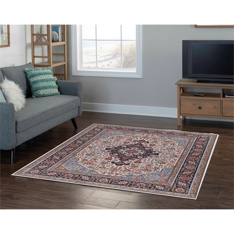 Laysan Home Traditional Woven Polyester 5'x7' Rectangle Rug in Ivory and Blue