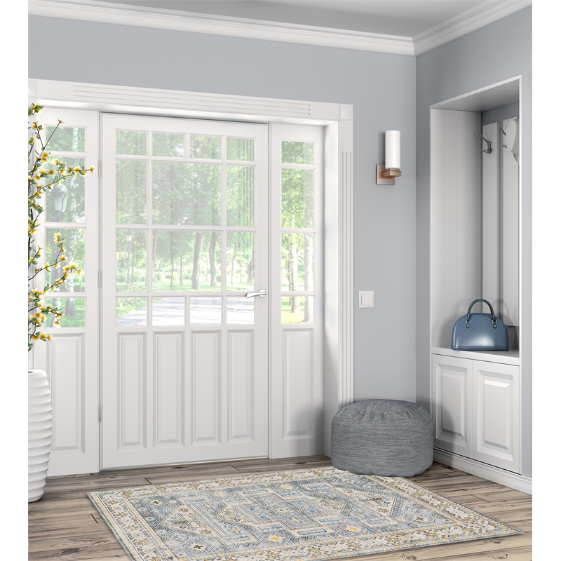 Laysan Home Transitional Washable Polyester 3'x5' Rectangle Rug in Gray / Beige