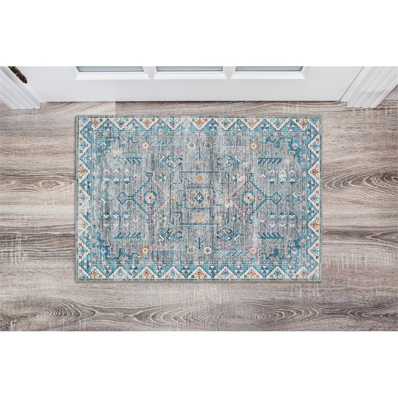 Laysan Home Transitional Washable Polyester 2'x3' Rectangle Rug in Gray / Green