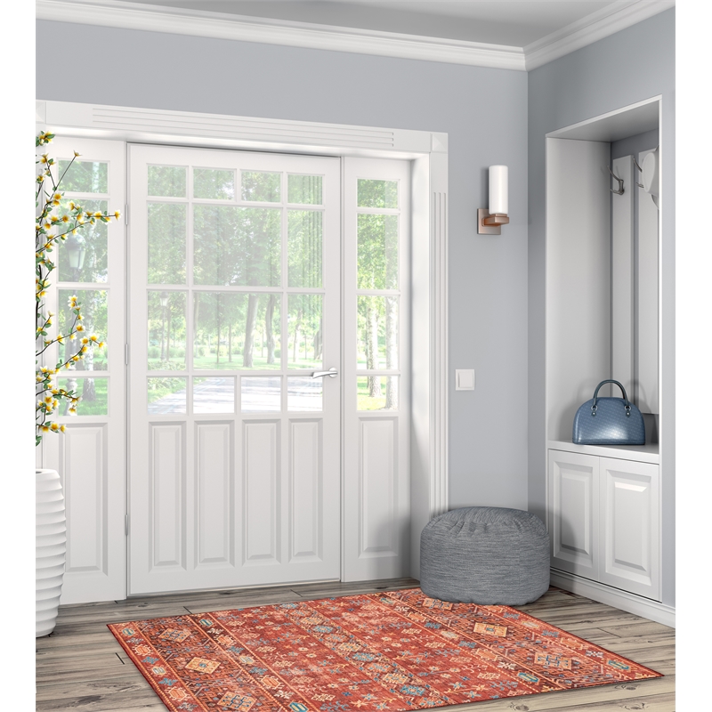 Laysan Home Transitional Washable Polyester 3'x5' Rectangle Rug in Red and Ivory