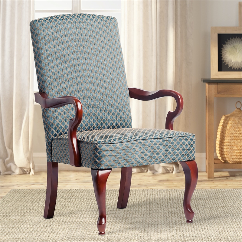 Comfort Pointe Derby Blue Jacquard Fabric Solid Wood Gooseneck Arm Chair
