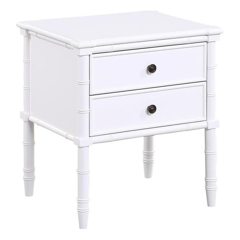 Ellison White 2-Drawer Wood Nightstand with Carved Legs and Antique Brass Knobs