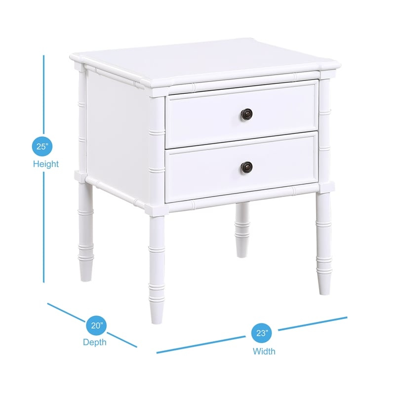 Ellison White 2-Drawer Wood Nightstand with Carved Legs and Antique Brass Knobs