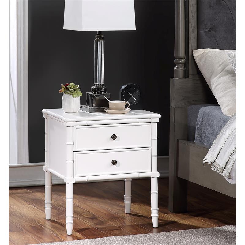 Ellison White 2-Drawer Wood Nightstand with Carved Legs and Antique Brass Knobs