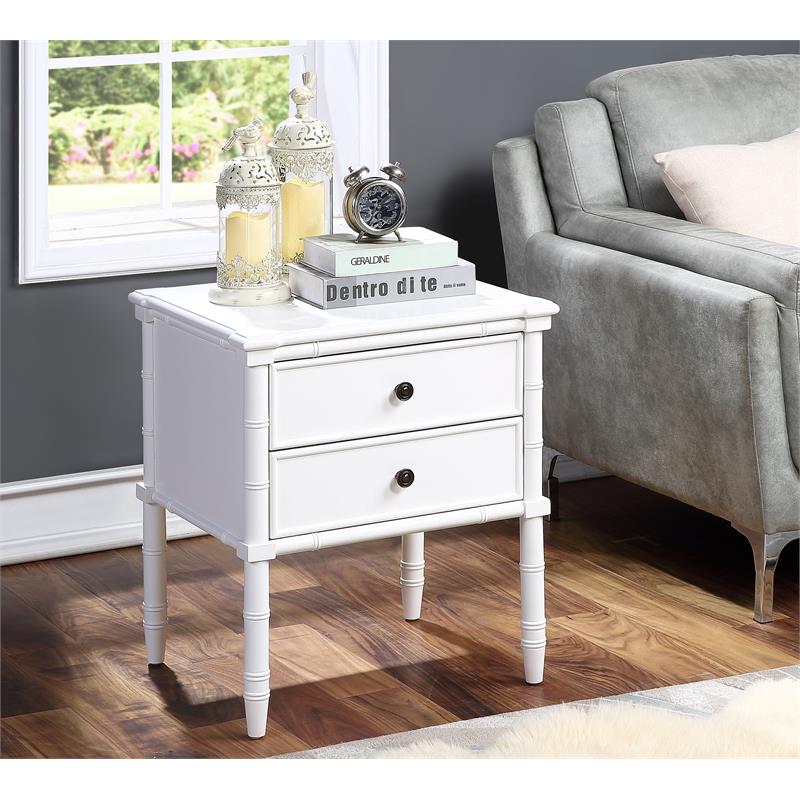 Ellison White 2-Drawer Wood Nightstand with Carved Legs and Antique Brass Knobs