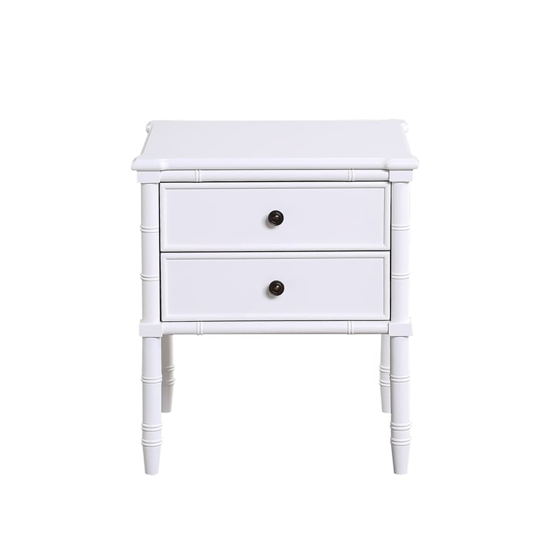 Ellison White 2-Drawer Wood Nightstand with Carved Legs and Antique Brass Knobs