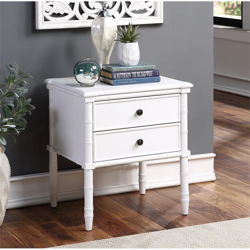 Ellison White 2-Drawer Wood Nightstand with Carved Legs and Antique Brass Knobs